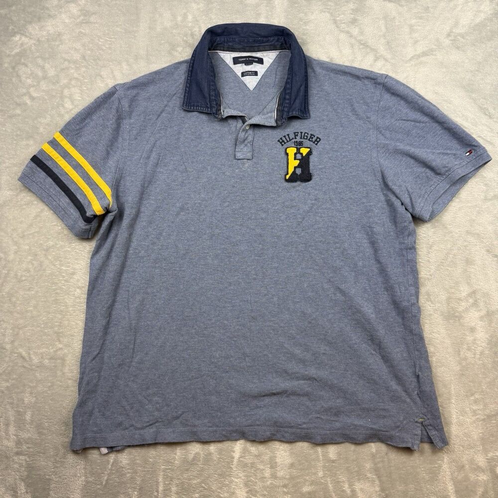 Tommy Hilfiger Men’s XXL Custom Fit Polo Shirt Blue Varsity H Patch Striped